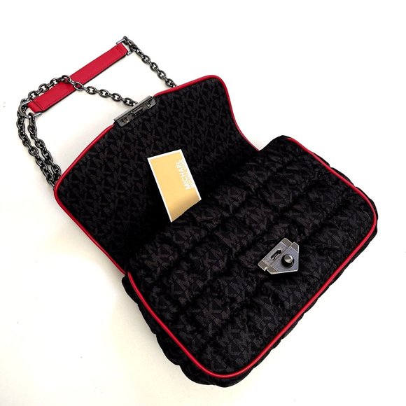 NWT Michael Kors SOHO Quilted Nylon Shoulder Bag Crossbody Black Red Trim $400 - Picture 11 of 13